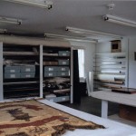 View of the main treatment lab with textile storage and materials storage.